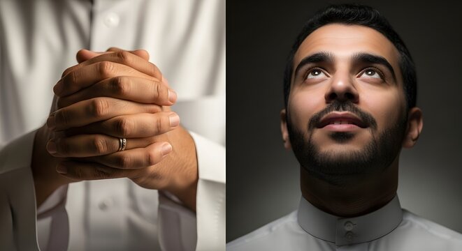 A close-up of a man's face with a calm expression and hands clasped together in a gesture of prayer or contemplation, set against a neutral background - Powered by Adobe