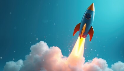 A cartoon rocket takes off with smoke on blue sky. Concept for success in business, tech startup, education or science project. Space ship flies to innovation future world.