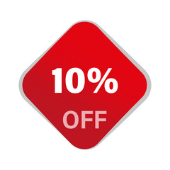 Discount offer vector. Ten percentage reduction. 10 percent savings. Red square button.