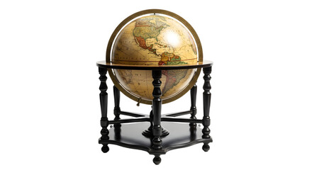 Globe on stand with world map in neutral colors on transparent background