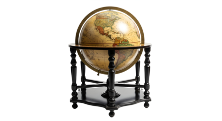 Globe on stand with world map in neutral colors on transparent background