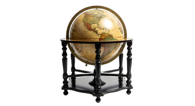 Globe on stand with world map in neutral colors on transparent background