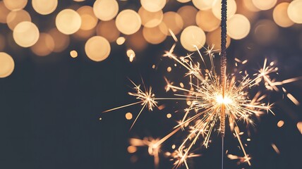 Festive sparkler illuminates night sky with glowing bokeh background sparkles