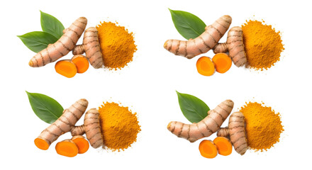 Turmeric roots and powder arranged in a pattern on transparent background