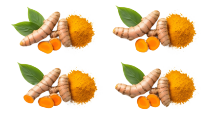 Turmeric roots and powder arranged in a pattern on transparent background