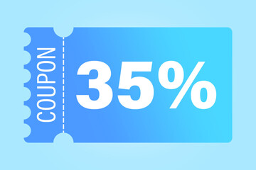 Discount coupon vector. Thirty five percentage reduction. 35 percent savings. Light blue background.