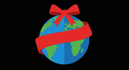 A stylized illustration of Earth wrapped with a red ribbon and bow, isolated on black.