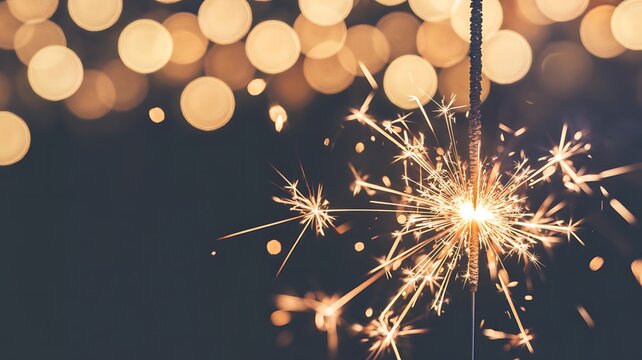 Festive sparkler illuminates night sky with glowing bokeh background sparkles