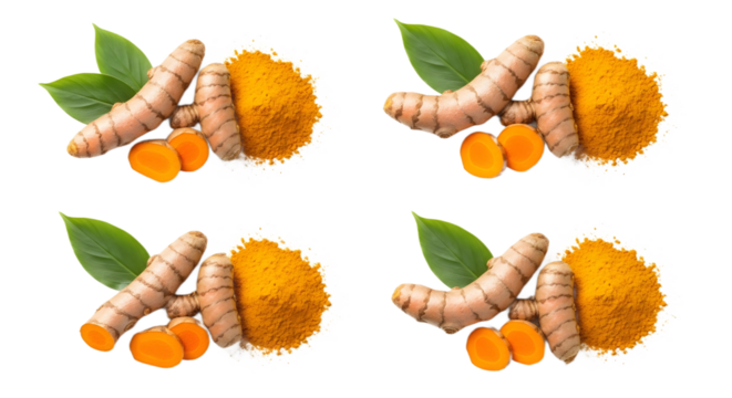 Turmeric roots and powder arranged in a pattern on transparent background