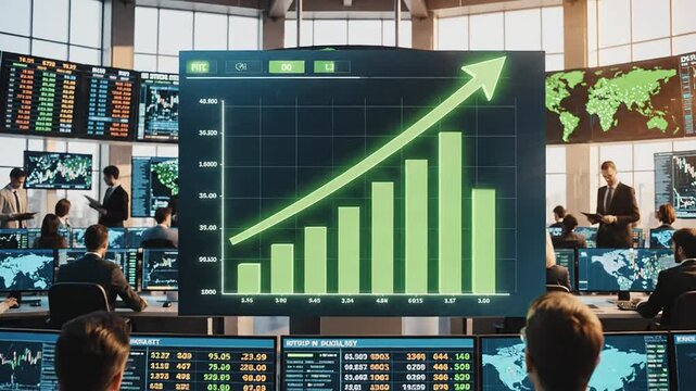 Dynamic Trading Floor with Real-time Financial Analytics Showcasing Profitable Growth Trends in a High-energy Investment Environment