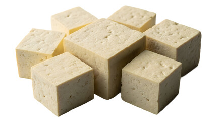 A group of tofu cubes stacked on transparent background
