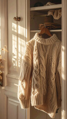 Cozy Cable Knit Sweater Hanging in a Sunlit Wardrobe, Perfect for Autumn Fashion and Warmth
