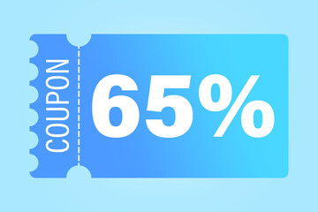 Discount coupon vector. Sixty five percentage reduction. 65 percent savings. Light blue background.