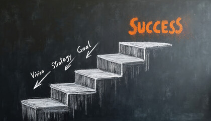 Chalkboard presents steps to success. Vision strategy goal action lead to achievement. Staircase represents journey. Chalk drawing diagram displays business development, growth. Concept for
