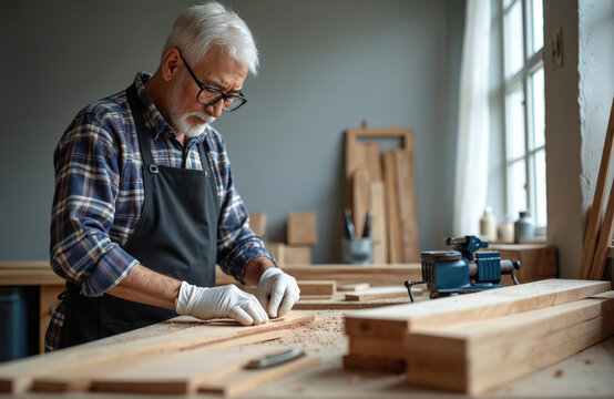 Grey haired elderly man works with wood in workshop. Wears glasses, apron, white gloves. Craftsman carefully processes timber, creating new items. Retirement hobby, skilled artisan enjoys carpentry,
