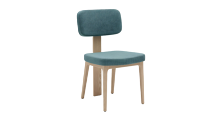 A single chair with a blue cushion and light frame on transparent background