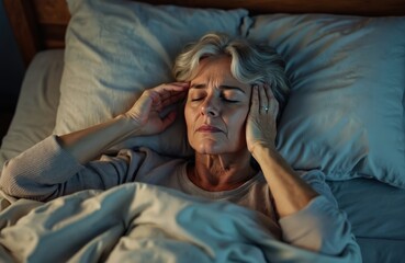 Woman in bed during night experiences insomnia and headache. Middle aged female touches temples with closed eyes. Sleepless lady in home feels unwell health issue.