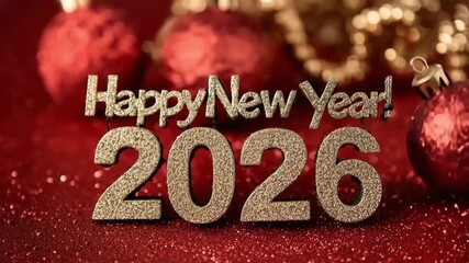 New year 2026 text with glittery red ornaments on a sparkling background
