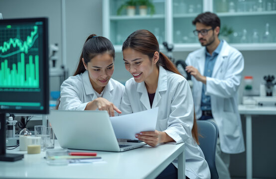 Two female scientists review data on laptop computer in modern lab. A male colleague works behind them with microscope. They collaborate on research project at desk. Bright clean laboratory setting.