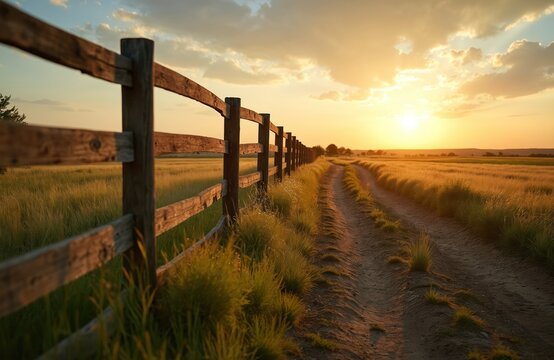 Golden sunset illuminates rural Texas ranch fence line. Long grass stretches across dirt track leading towards horizon. Scene offers tranquil view of countryside and agricultural landscape at dusk.