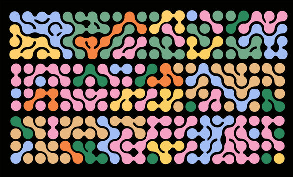 Abstract geometric metaball pattern in a modern, minimalistic style. Rounded, interlocking organic shapes on a black background. Vector illustration on the theme of science and technology.