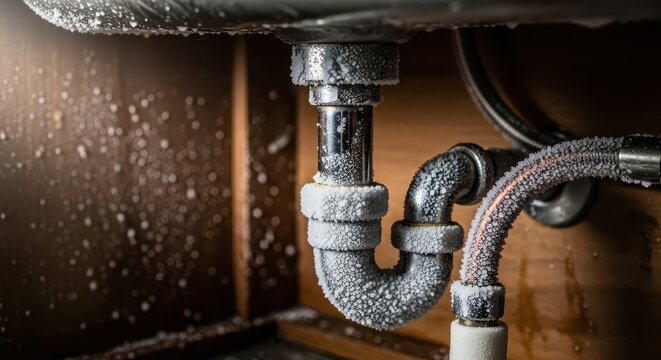 Frozen pipes under kitchen sink with condensation and frost buildup  