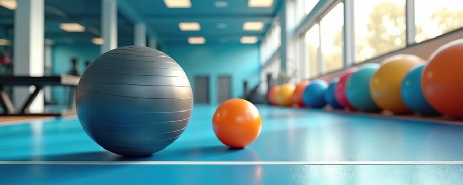 Various exercise balls line up on bright blue gym floor with large windows. A big gray ball is in foreground next to a small orange one. Bright indoor room space.