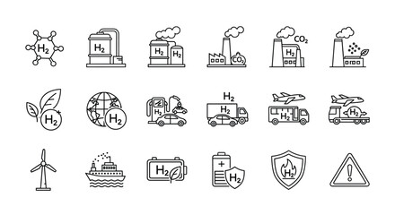 Hydrogen energy icons set a series of illustrations depicting hydrogen production, storage, transportation, and usage in various applications