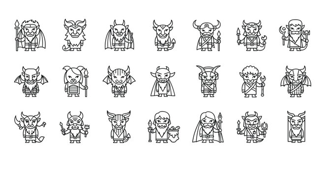 Collection of mythical creatures in cartoon style a variety of imaginative beings, each with unique features and expressions, in black and white