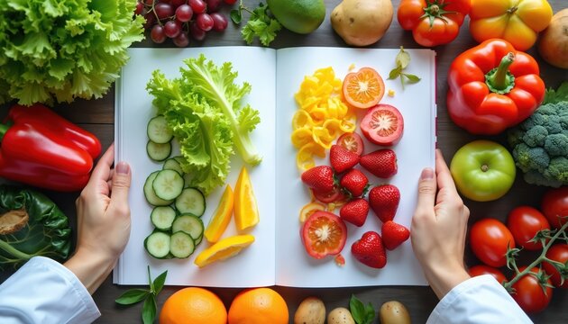 Nutrition guide with fresh produce. Open book displays colorful fruits and vegetables. Healthy eating inspiration, diet plan, and recipe ideas.