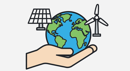 Hand holding Earth with solar panel and wind turbine, representing renewable energy and environmental protection.