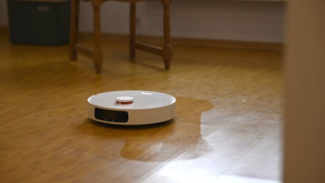 Robotic vacuum cleaner cleaning hardwood floor in living room with modern furniture