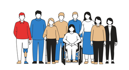 Diverse group of people standing together, including individuals with disabilities, in a line.