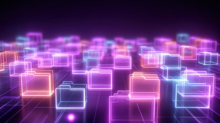 Abstract network grid with files and folders, futuristic software interface, digital document management system, store, search and organize documents, corporate business, paperless office	
