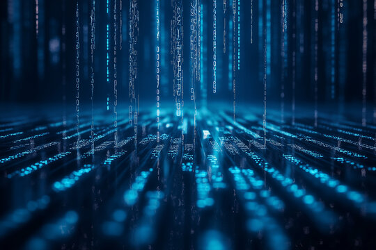 Abstract digital binary code falling like rain on a reflective surface, tech concept