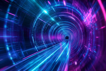 Fototapeta premium Abstract digital tunnel background, glowing blue and purple lines, representing data flow