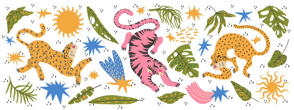Tropical jungle set with funky safari animals leopard tiger and palm leaves.