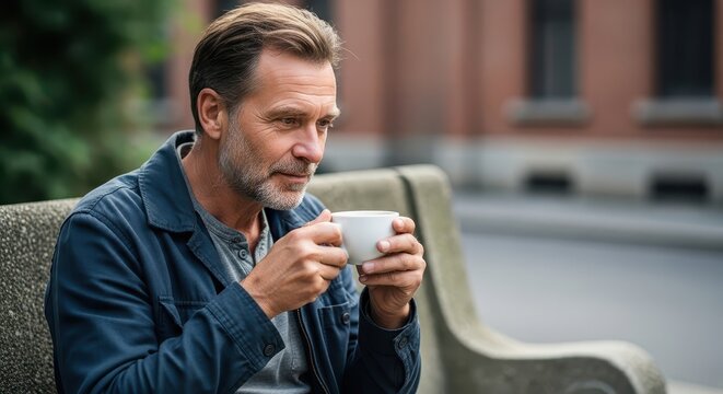 Middle-aged man sitting on bench while drinking coffee in urban setting - Powered by Adobe