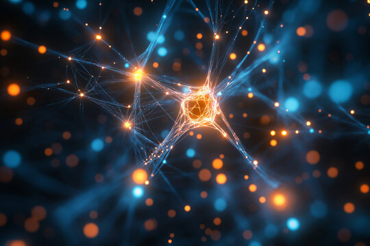 Abstract visualization of a neural network or brain pathways, glowing connections in darkness