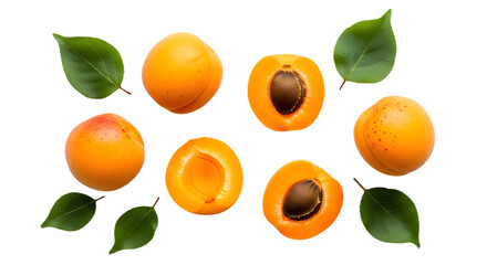 Apricots and leaves on transparent background