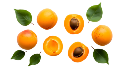 Apricots and leaves on transparent background