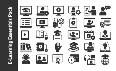 E-Learning Essentials Pack. Online Education and Distance Learning Icon Set. Digital Course and Knowledge Acquisition Vector Icons.