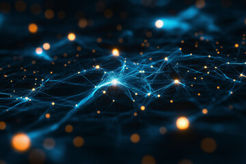Abstract visualization of a neural network or brain pathways, glowing connections in darkness