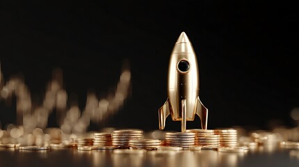 Golden Rocket Launching From Coin Stack Showing Growth and Investment