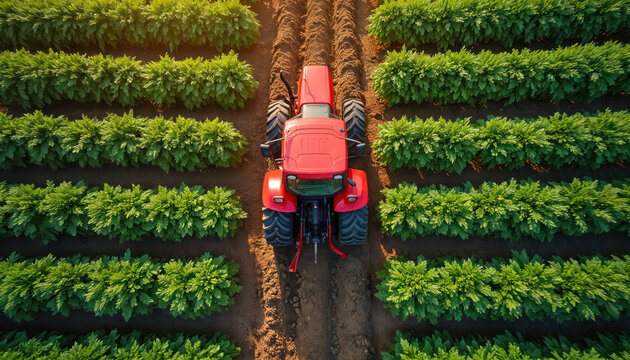 Red tractor plows field with green crops. Cultivation occurs in neat rows under warm sunlight. Rural farming machinery prepares land for planting. Growth and productivity seen from above.