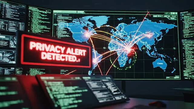 Surveillance Operation: Monitoring Global Activities with Privacy Alerts Displayed on High-Tech Screens and World Map Analytics