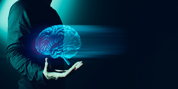 hand of businessman interactive touching a holographic artificial intelligence brain system network and technology