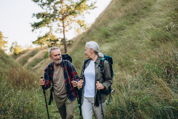 Active pensioners friends exercise Nordic walking in fall farmland