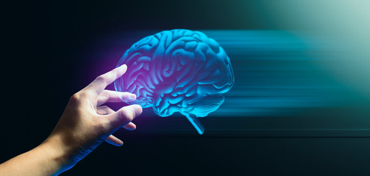 hand of businessman interactive touching a holographic artificial intelligence brain system network and technology