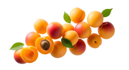 A collection of fresh apricots with green leaves on transparent background